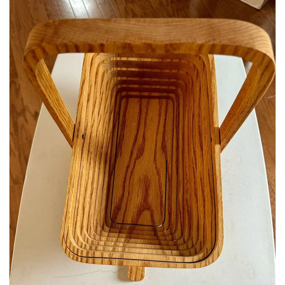 MCM Folding Collapsible Rectangle Wooden Fruit Basket With Handle Walter B Holts